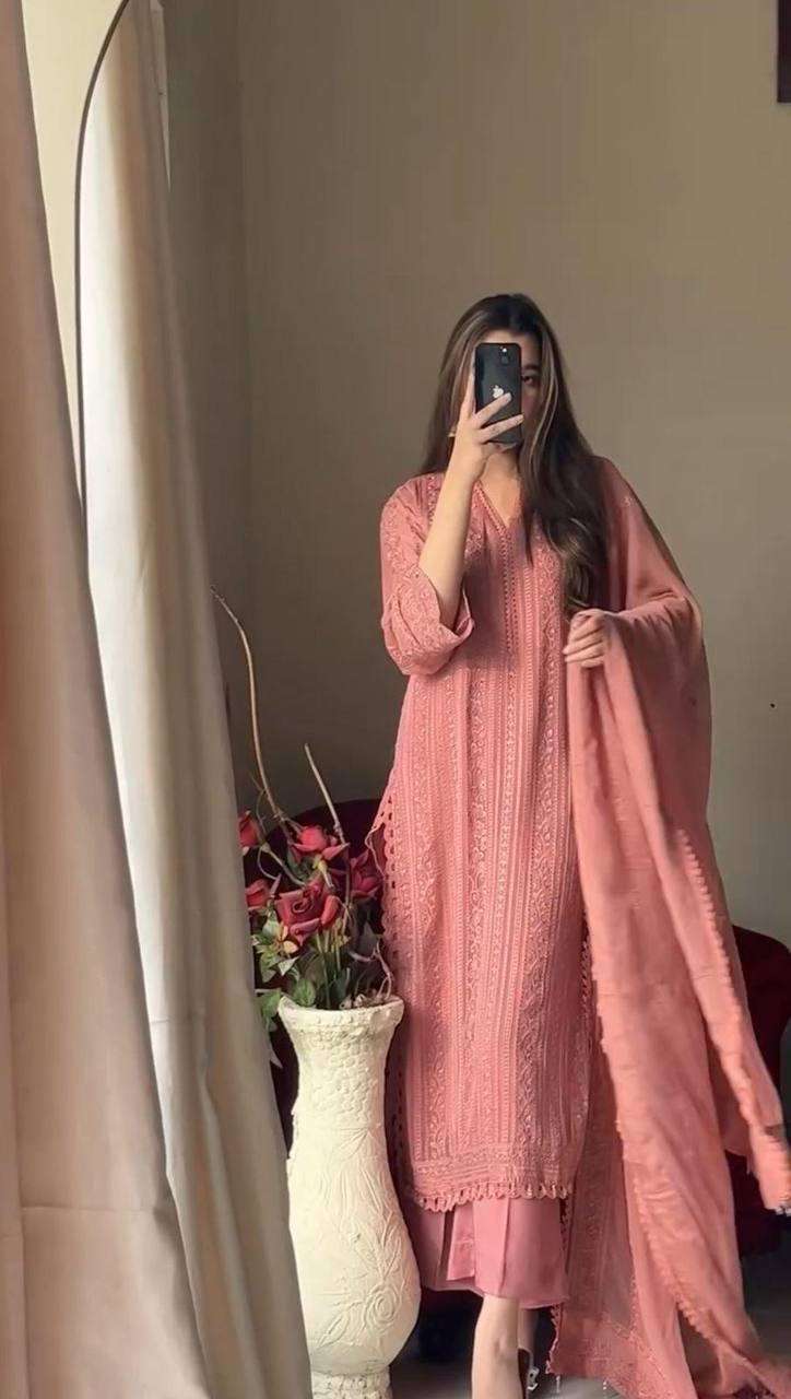 Women's Chinon Silk with Cotton Thread Embroidery Straight Kurti With Pant and Dupatta set - Image 3