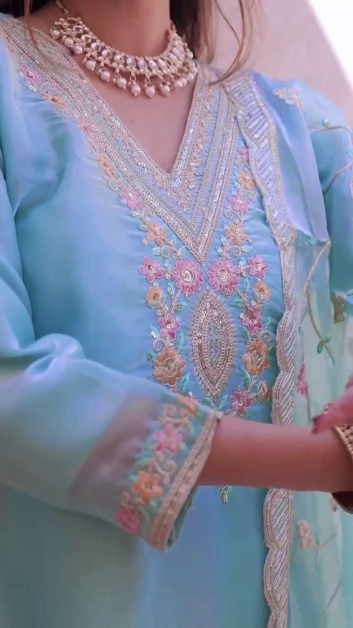 Women's Silk Heavy Embroidery Sequence Work Top-Bottom Straight Kurti With Pant and Dupatta set - Image 7