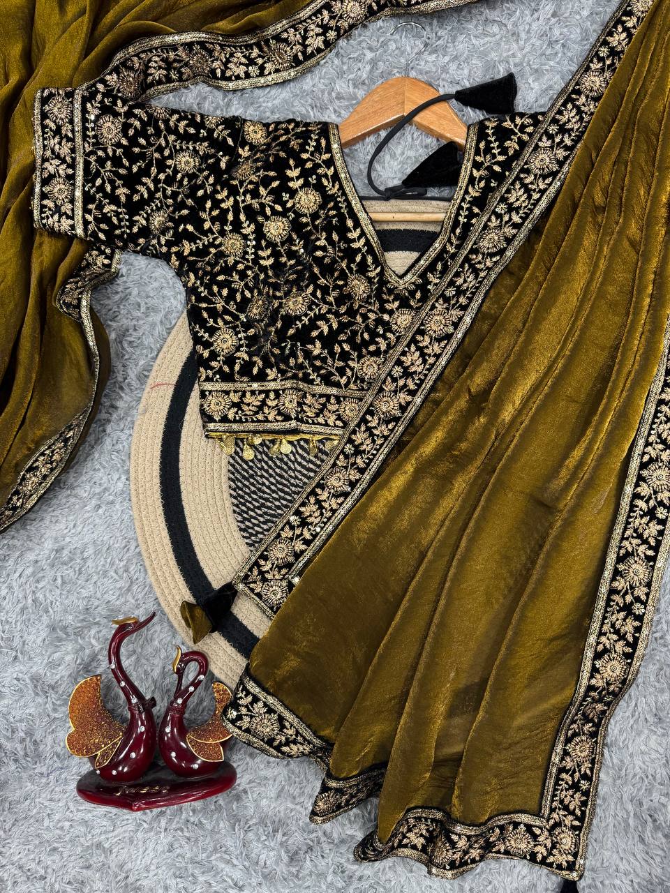 Women's Luxe Olive-Gold Silk Saree with Heavily Embellished Blouse & Border β Ideal for Evening, Wedding & Reception Wear - Image 8