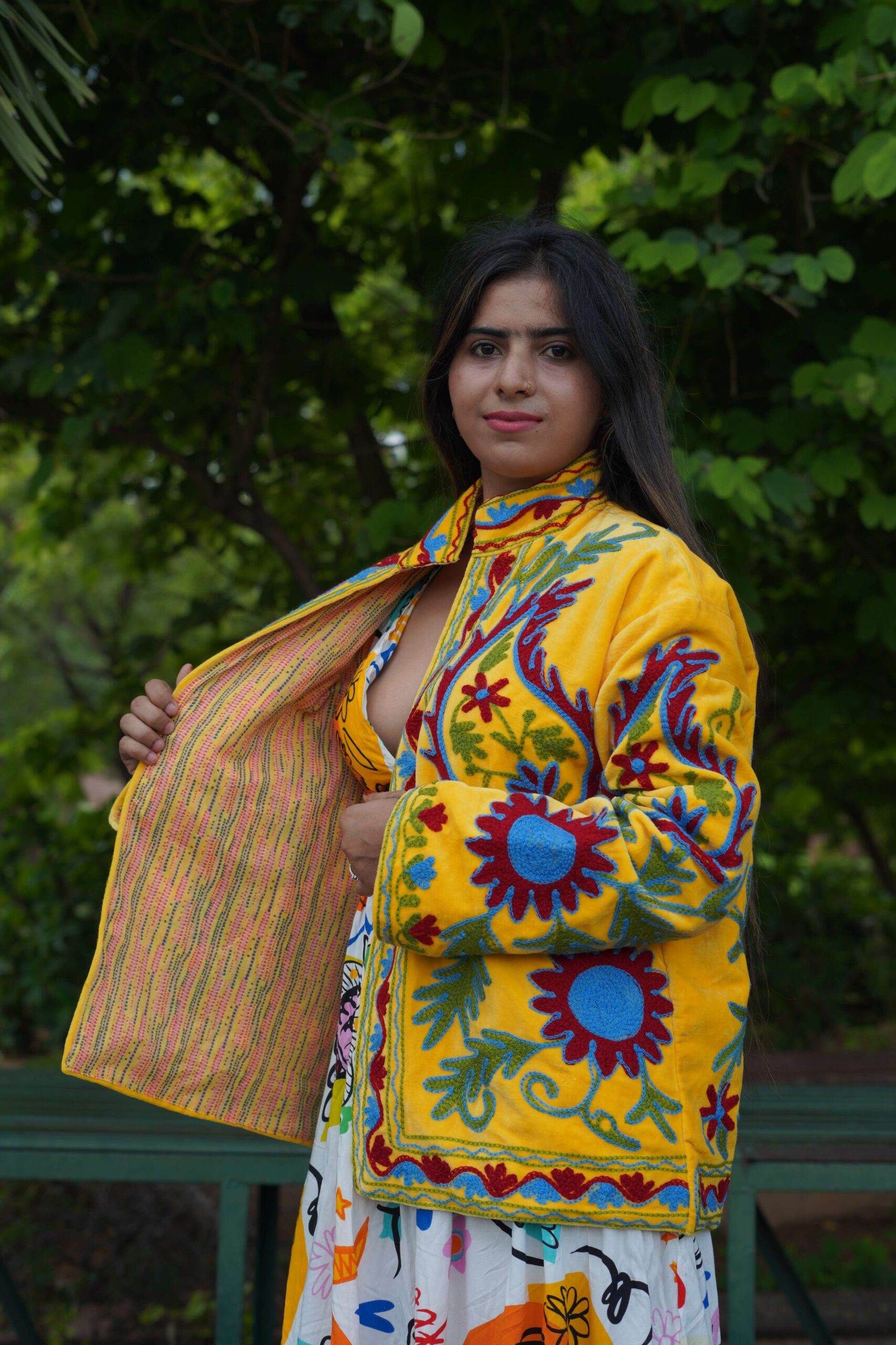 Womens Yellow Velvet Embroidered Jacket with Floral Design - Image 3