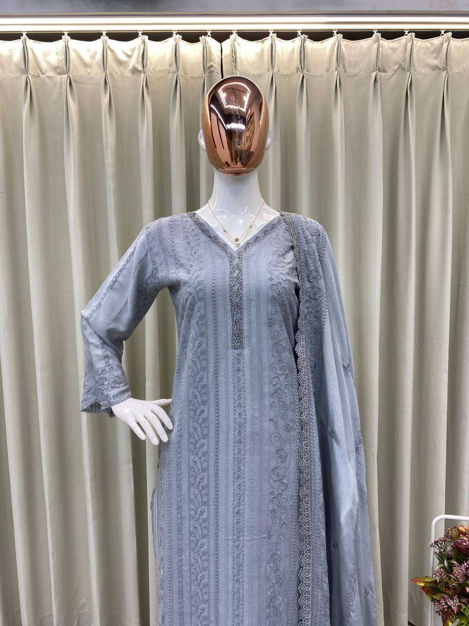 Women's Chinon Silk with Cotton Thread Embroidery Straight Kurti With Pant and Dupatta set - Image 7